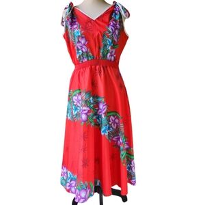 Vintage 70s Helena’s Hawaiian Dress Red Orchid Print Made in USA Size L Tropical